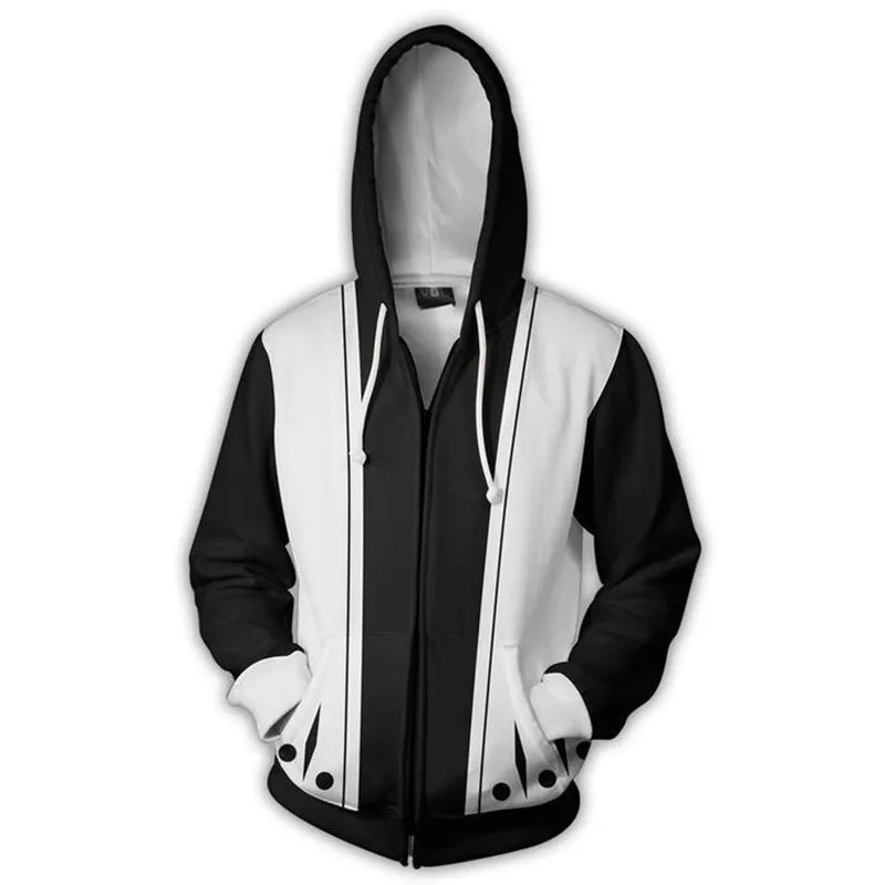 A premium Bleach Anime Hoodie featuring Kurosaki Ichigo and Kenpachi Zaraki graphic art, designed as a cozy cosplay sweatshirt.