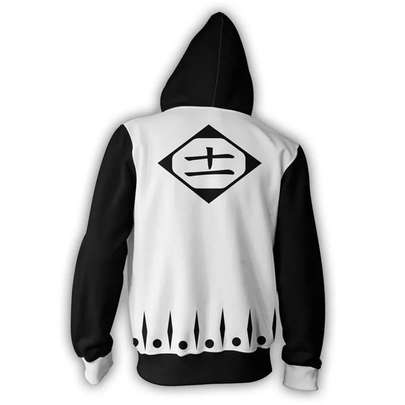 A premium Bleach Anime Hoodie featuring Kurosaki Ichigo and Kenpachi Zaraki graphic art, designed as a cozy cosplay sweatshirt.