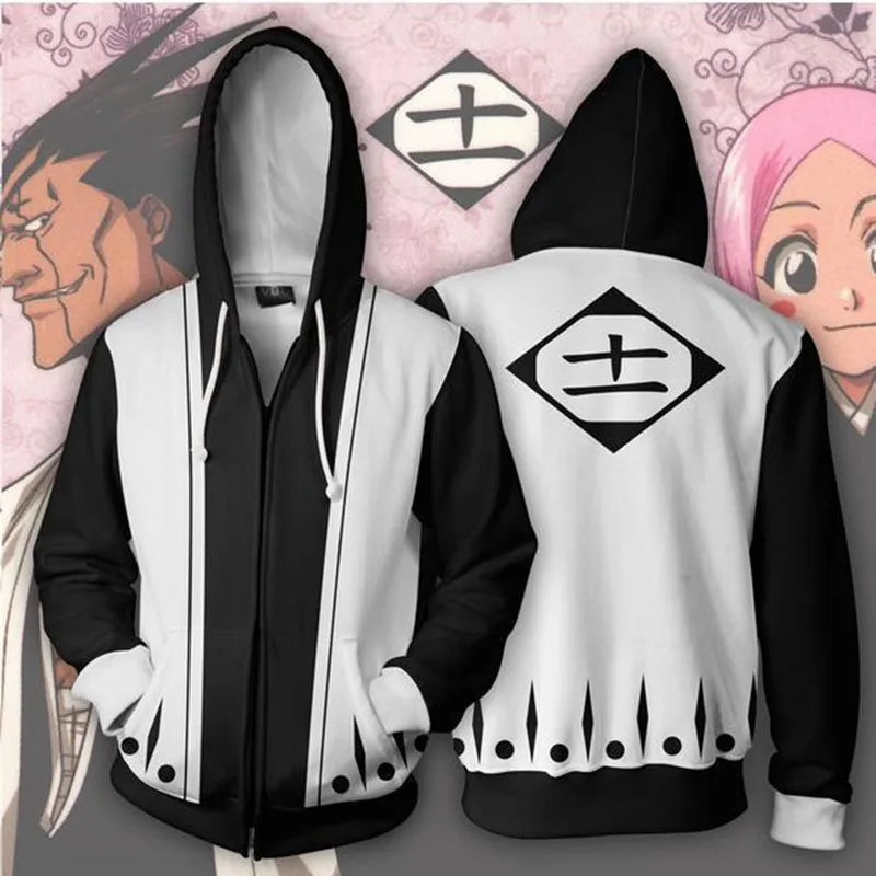 A premium Bleach Anime Hoodie featuring Kurosaki Ichigo and Kenpachi Zaraki graphic art, designed as a cozy cosplay sweatshirt.