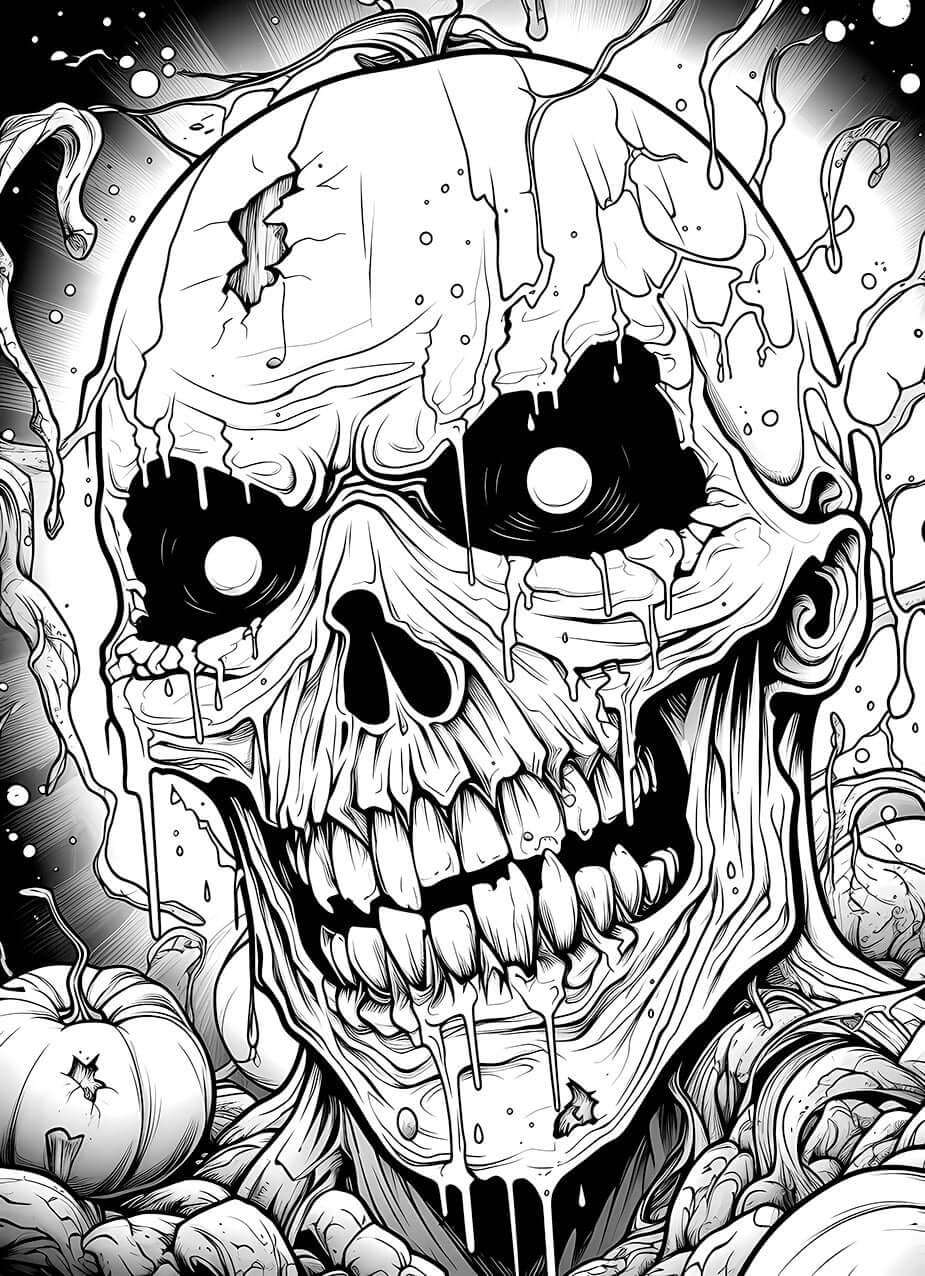 A detailed horror coloring page of a grinning, cracked skull that looks like a Jack-o'-lantern, melting and dripping slime, surrounded by spooky pumpkins and vines.