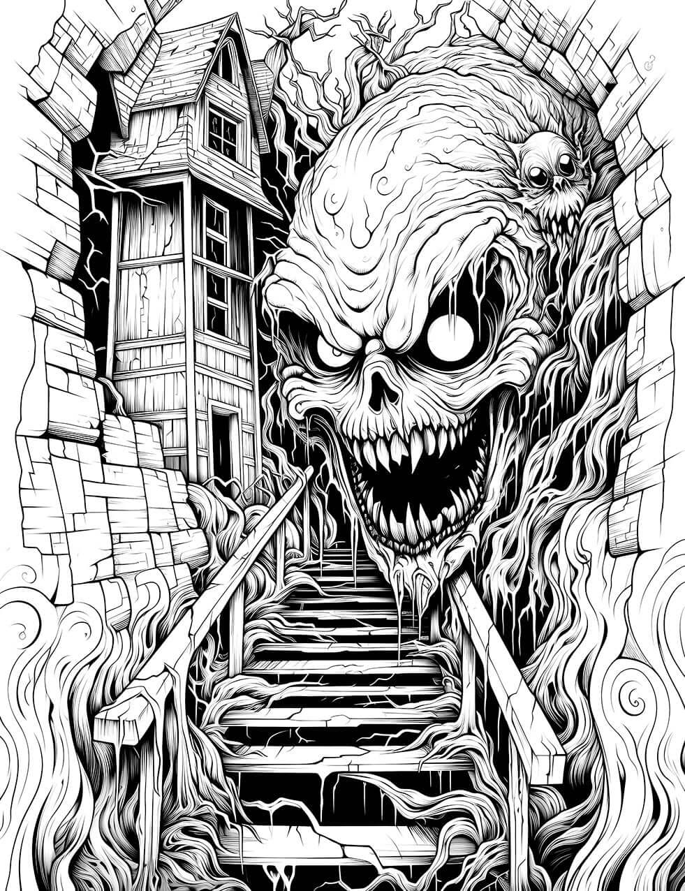 A detailed, surreal horror coloring page from a low-angle perspective, showing a giant monster skull blocking the top of a creepy basement staircase that leads up to a haunted house.