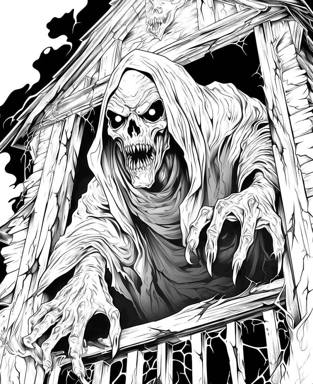 A detailed horror coloring page of a skeletal, hooded ghoul with glowing eyes and long, sharp claws, climbing menacingly out of a broken attic window in a haunted house.