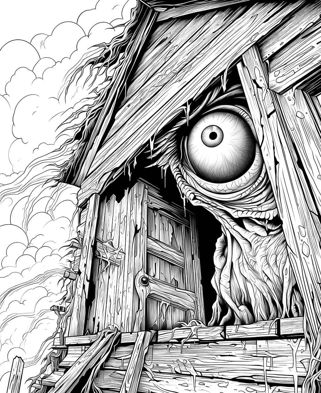 A detailed horror coloring page of a creepy, dilapidated wooden shack with a giant, single monster eyeball peering out from a hole in the roof, against a cloudy sky.