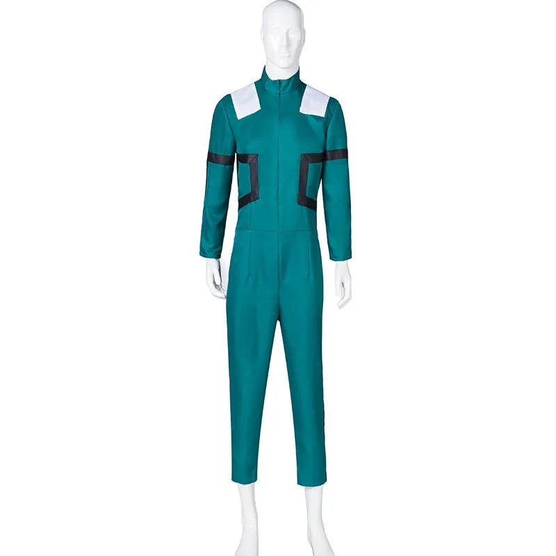 A complete unisex Anime My Hero Academia Midoriya Izuku Deku Battle Cosplay Costume set, with the green Halloween wig hair.
