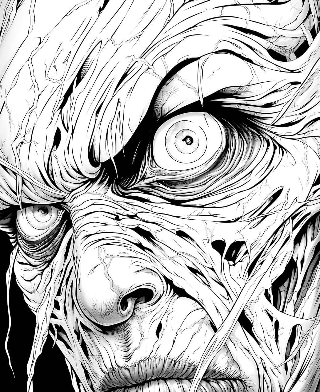 A hyper-detailed horror coloring page showing an extreme close-up of a monster's face, with intense eyes and skin wrapped in sinewy, decaying, vein-like tendrils.