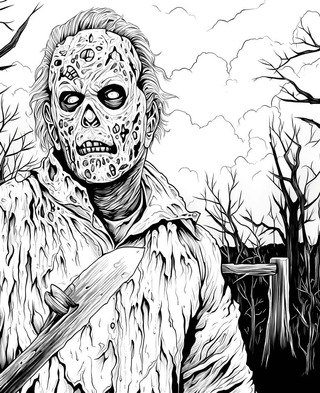 A detailed horror coloring page featuring a menacing, zombie-like slasher with a decaying face and a weapon over his shoulder, standing in a dark, creepy forest.