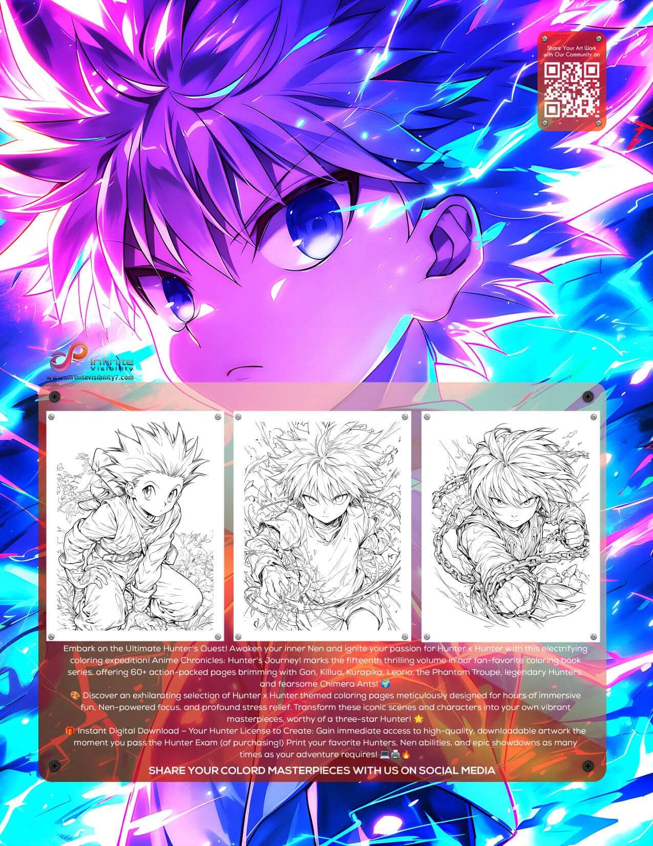 Back cover of Anime Chronicles Hunter x Hunter Coloring Book Vol 15 showing Killua Zoldyck and sample interior line art (Gon, Killua, Kurapika), Infinite Visibility digital download.
