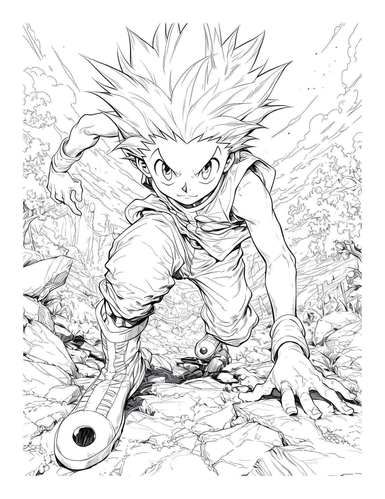 Dynamic Gon Freecss Hunter x Hunter coloring page in a ready-to-pounce pose, detailed line art for digital download from Anime Chronicles Vol 15.