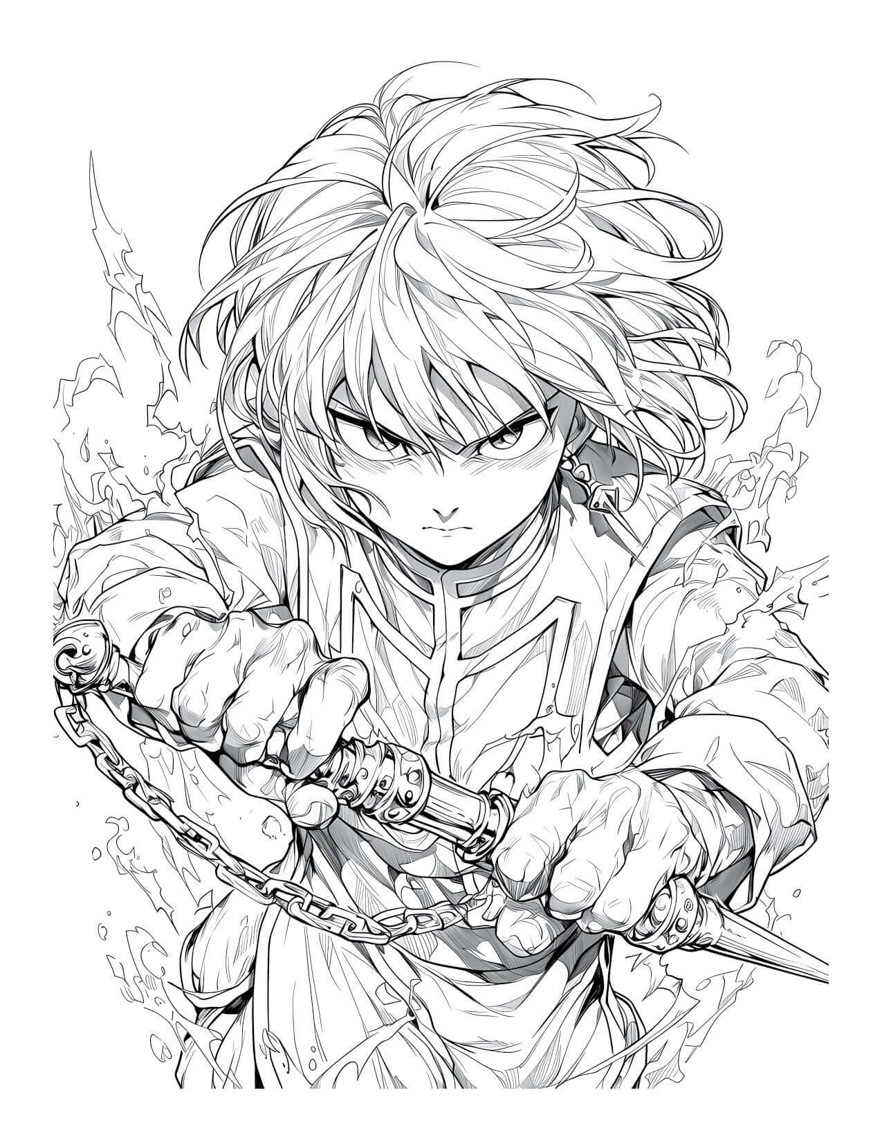 Intense Kurapika with chains Hunter x Hunter coloring page, focused pose with Nen aura, detailed line art for digital download from Anime Chronicles Vol 15.
