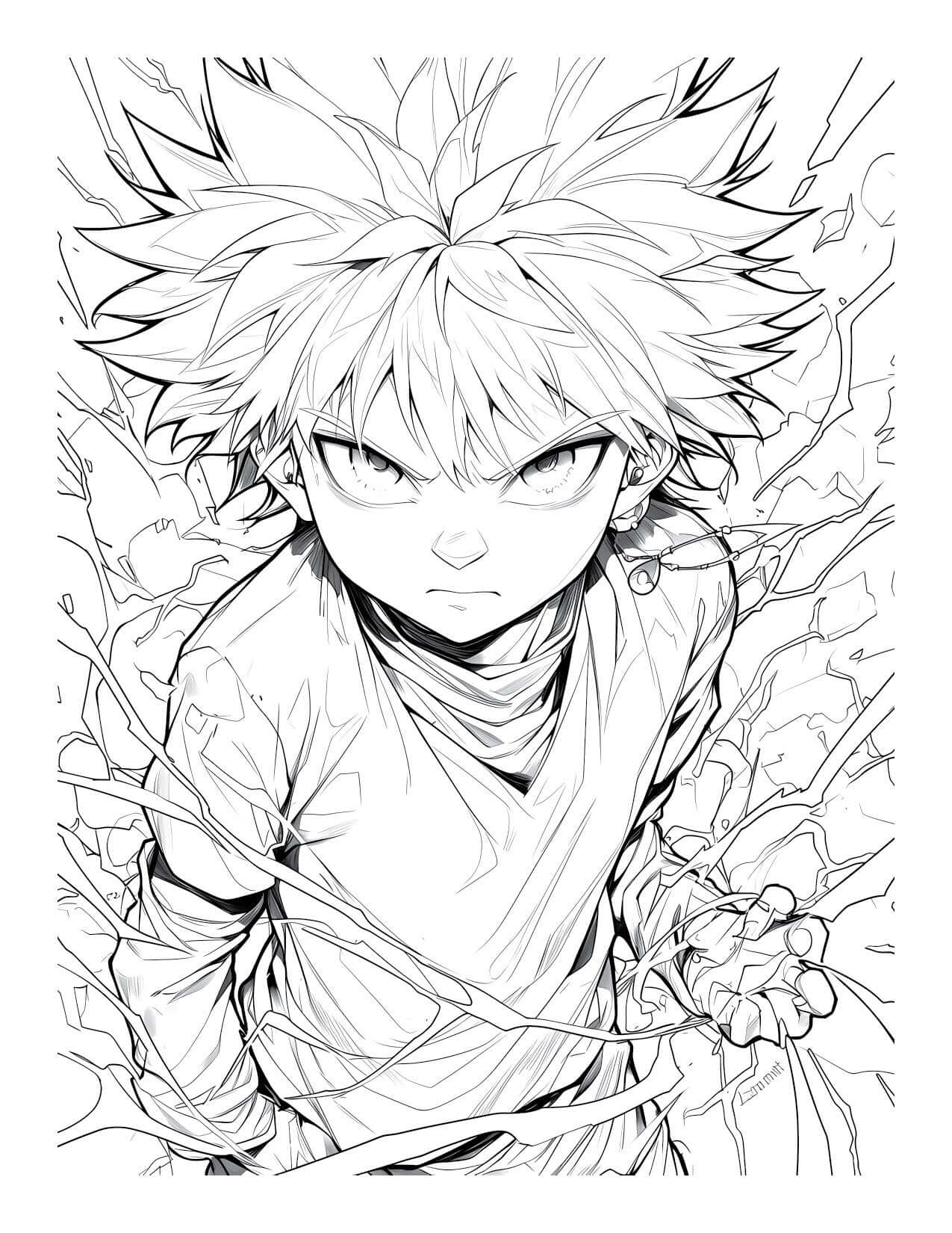 Electrifying Killua Zoldyck Hunter x Hunter coloring page with lightning Nen aura, intense expression, digital download line art from Anime Chronicles Vol 15.