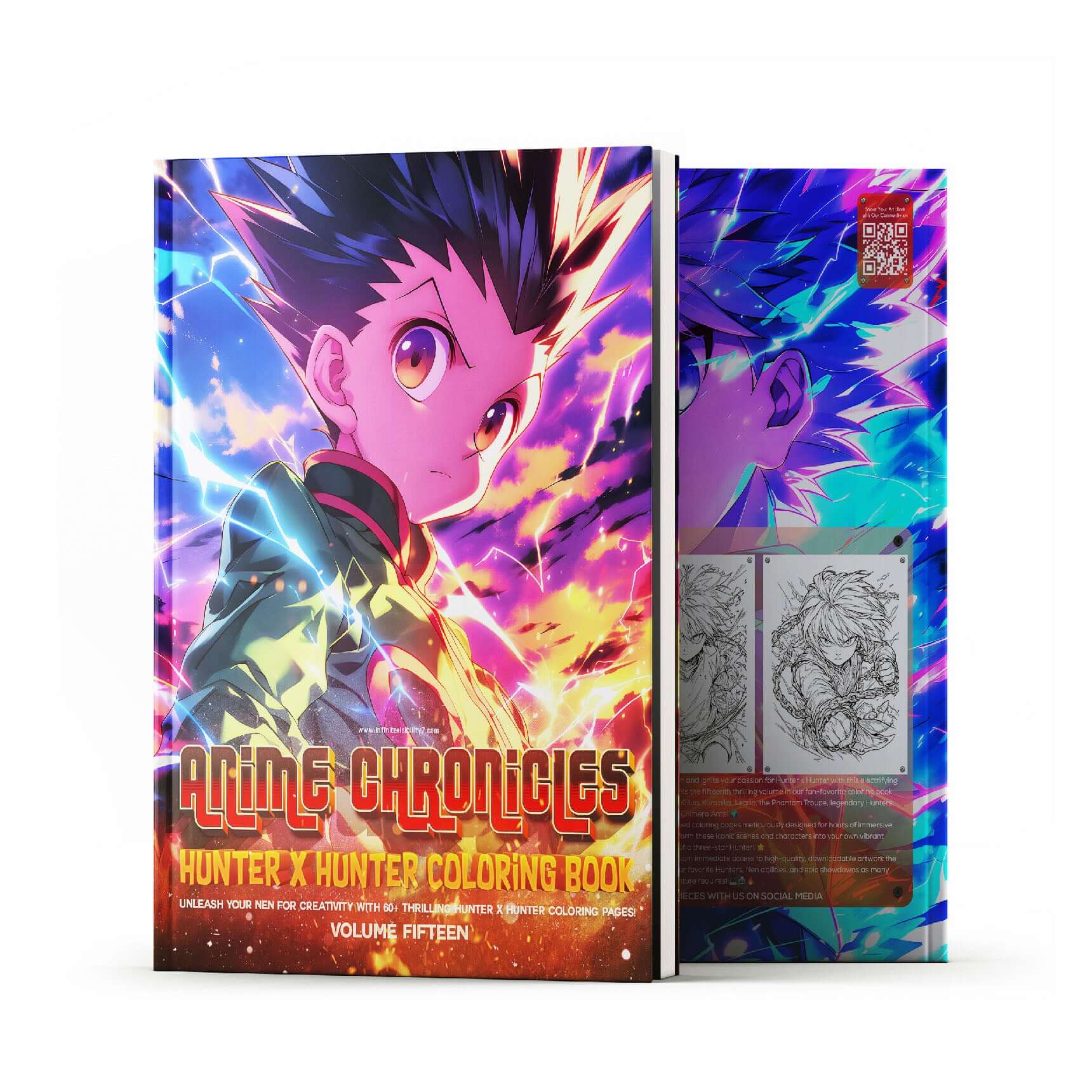 Anime Chronicles Hunter x Hunter Coloring Book Vol 15 mockup featuring Gon Freecss cover art & Killua Zoldyck on spine, digital download for HxH fans.