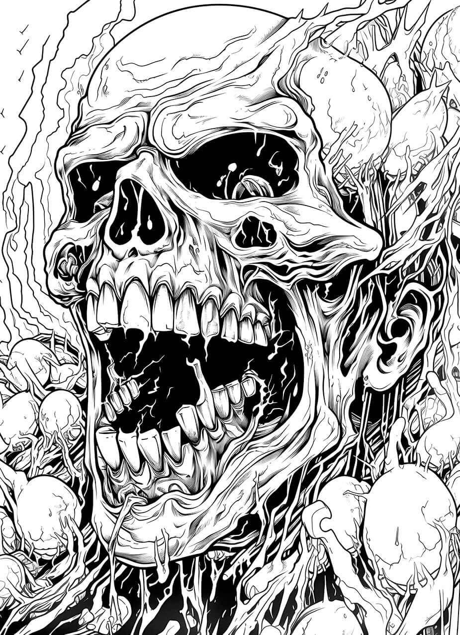 A detailed horror coloring page of a screaming skull being consumed by a grotesque, organic infection of roots and spore-like pods, in a chaotic body horror style.