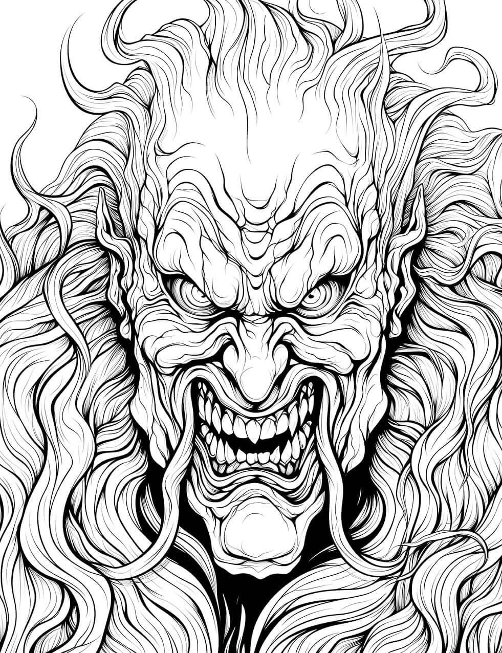 A highly detailed, intricate horror coloring page of a Japanese Oni demon mask with sharp teeth, a ferocious grin, and a wild, flowing mane of hair and mustache.