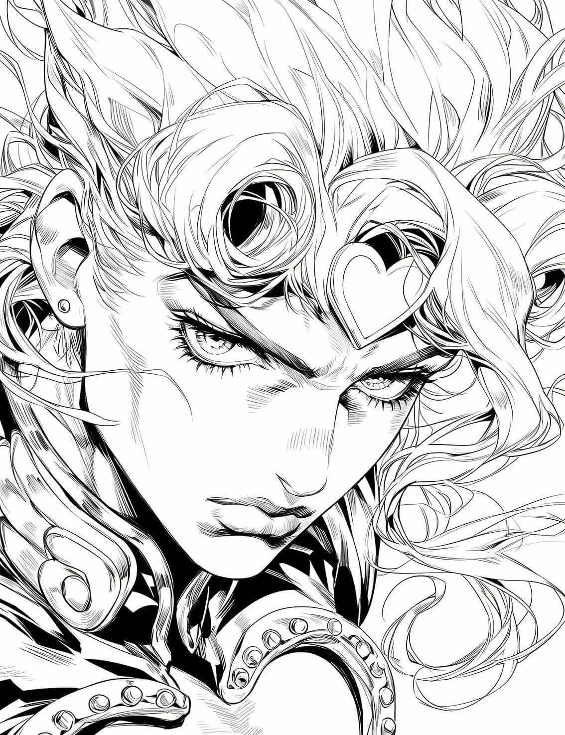 High-quality line art coloring page in the style of JoJo's Bizarre Adventure, showing a determined Giorno Giovanna-inspired character with his iconic hairstyle and heart-shaped circlet in a dramatic portrait.