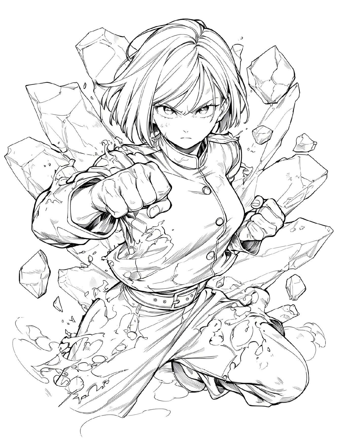 Dynamic line art of a female sorcerer from Jujutsu Kaisen breaking through rocks, ready for action.