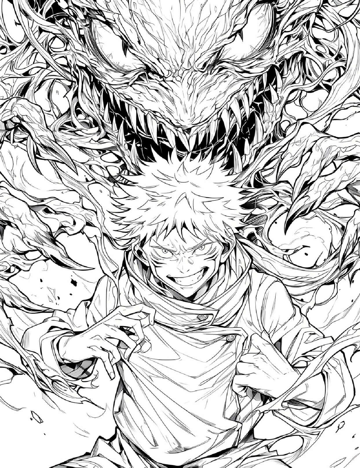 Jujutsu Kaisen coloring book illustration featuring a sorcerer facing a menacing curse.