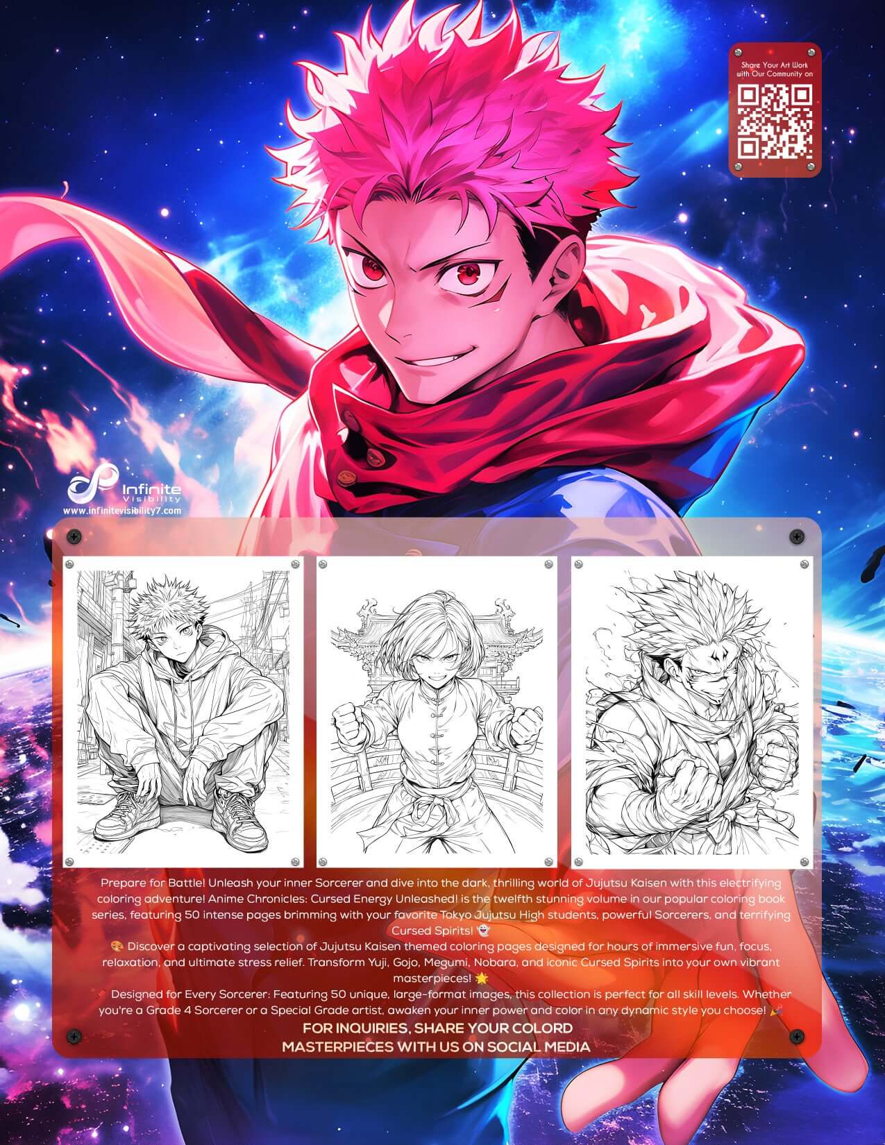 Jujutsu Kaisen Vol 12 coloring book cover with character art and sample pages for instant digital download.