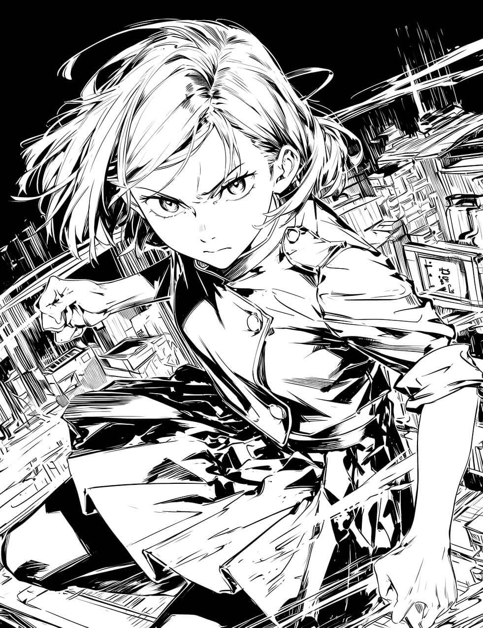 High-contrast black and white line art of Nobara Kugisaki from Jujutsu Kaisen in a powerful, forward-facing action pose with a cityscape background.