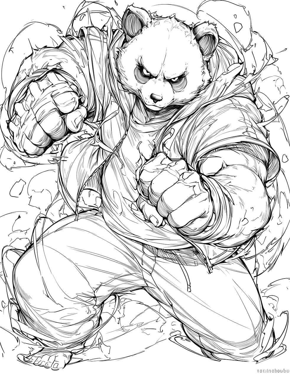 Intense black and white line art of Panda from Jujutsu Kaisen, depicted in his powerful gorilla-like form, ready for a fight.