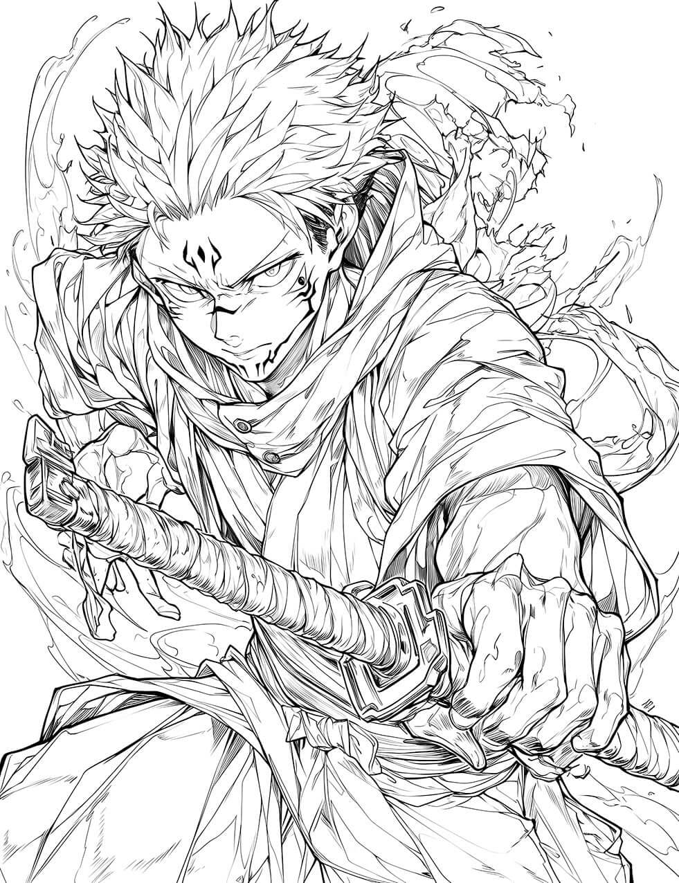 Black and white line art of Sukuna from Jujutsu Kaisen in a dynamic pose, pointing forward with a menacing expression and iconic facial tattoos.