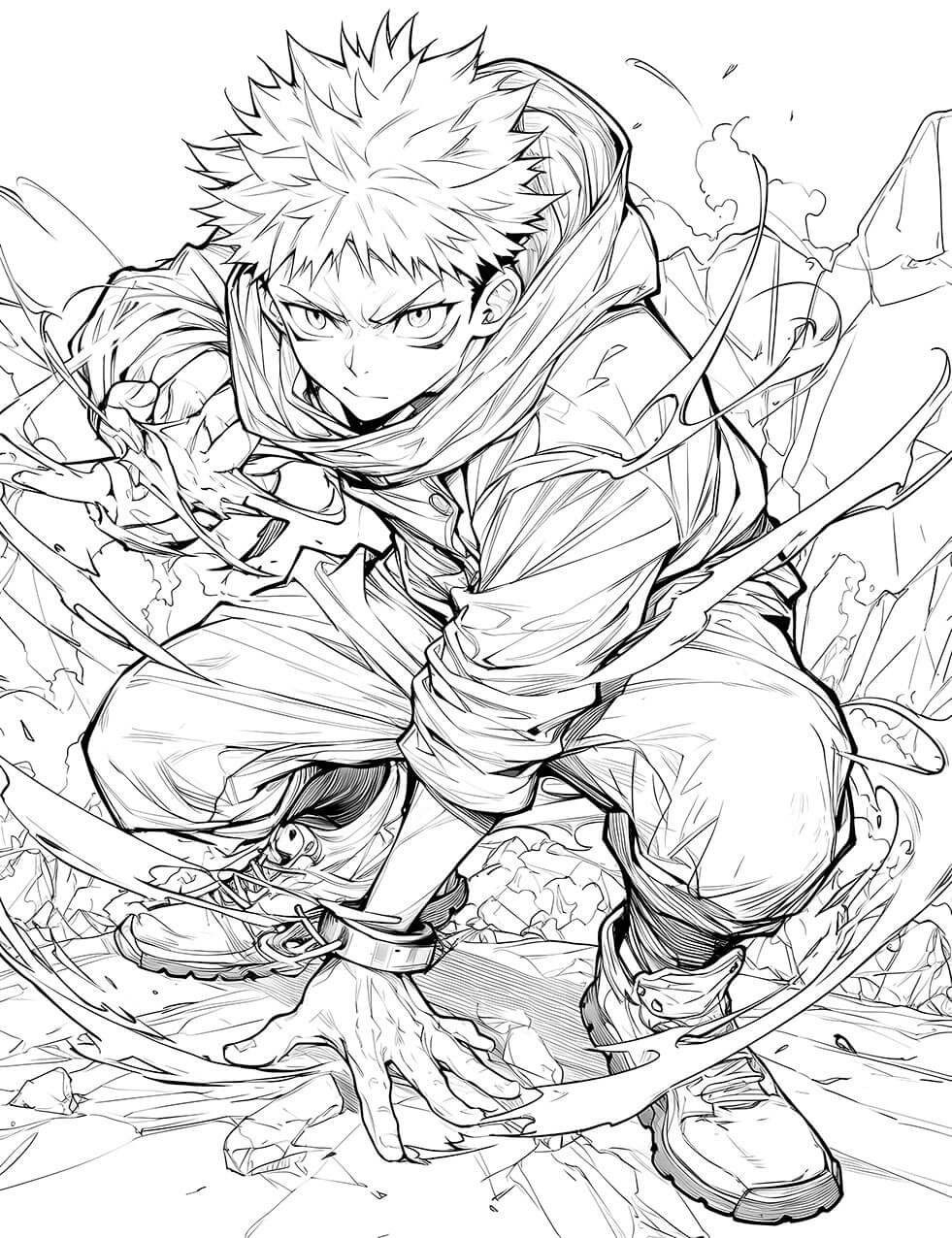 Dynamic black and white line art of Yuji Itadori from Jujutsu Kaisen in a powerful action pose, ready for coloring.