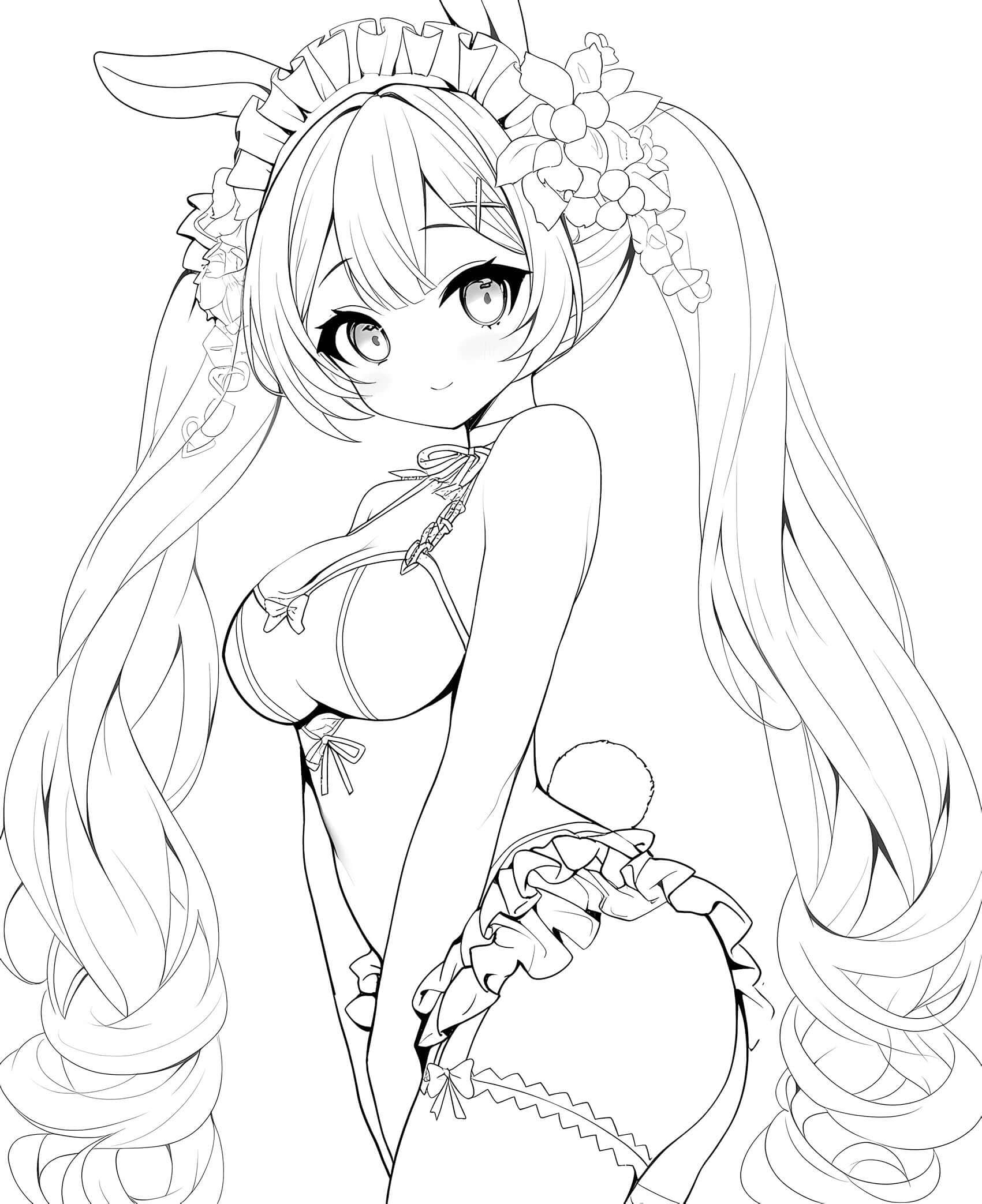 Beautiful line art of an anime elf waifu girl with long pigtails, elf ears, and a frilly outfit, looking over her shoulder – ready for coloring, digital download