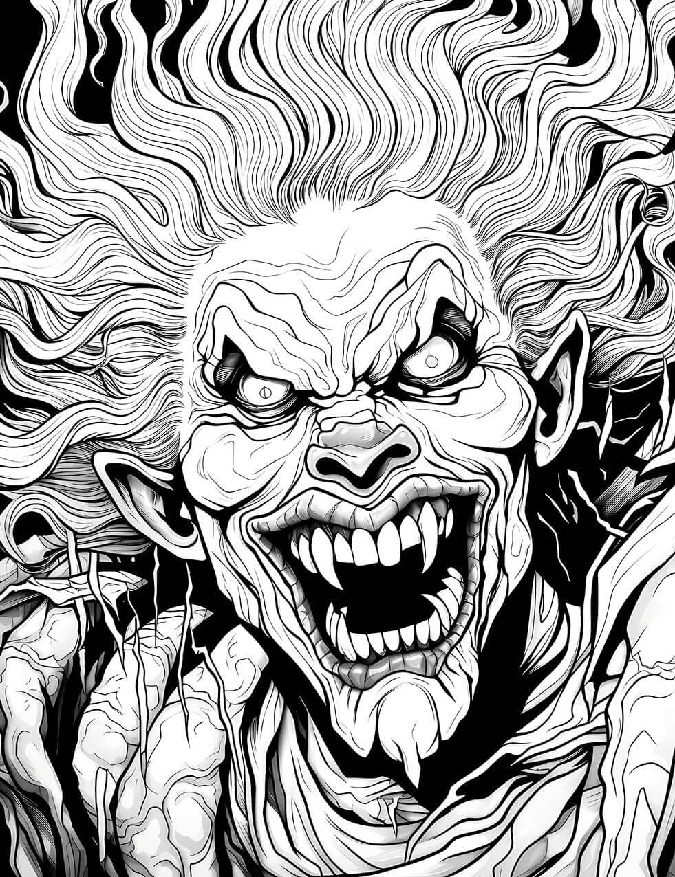 A detailed horror coloring page of a maniacal vampire with sharp fangs, a wide grin, and a wild mane of flowing hair, bursting with chaotic energy.
