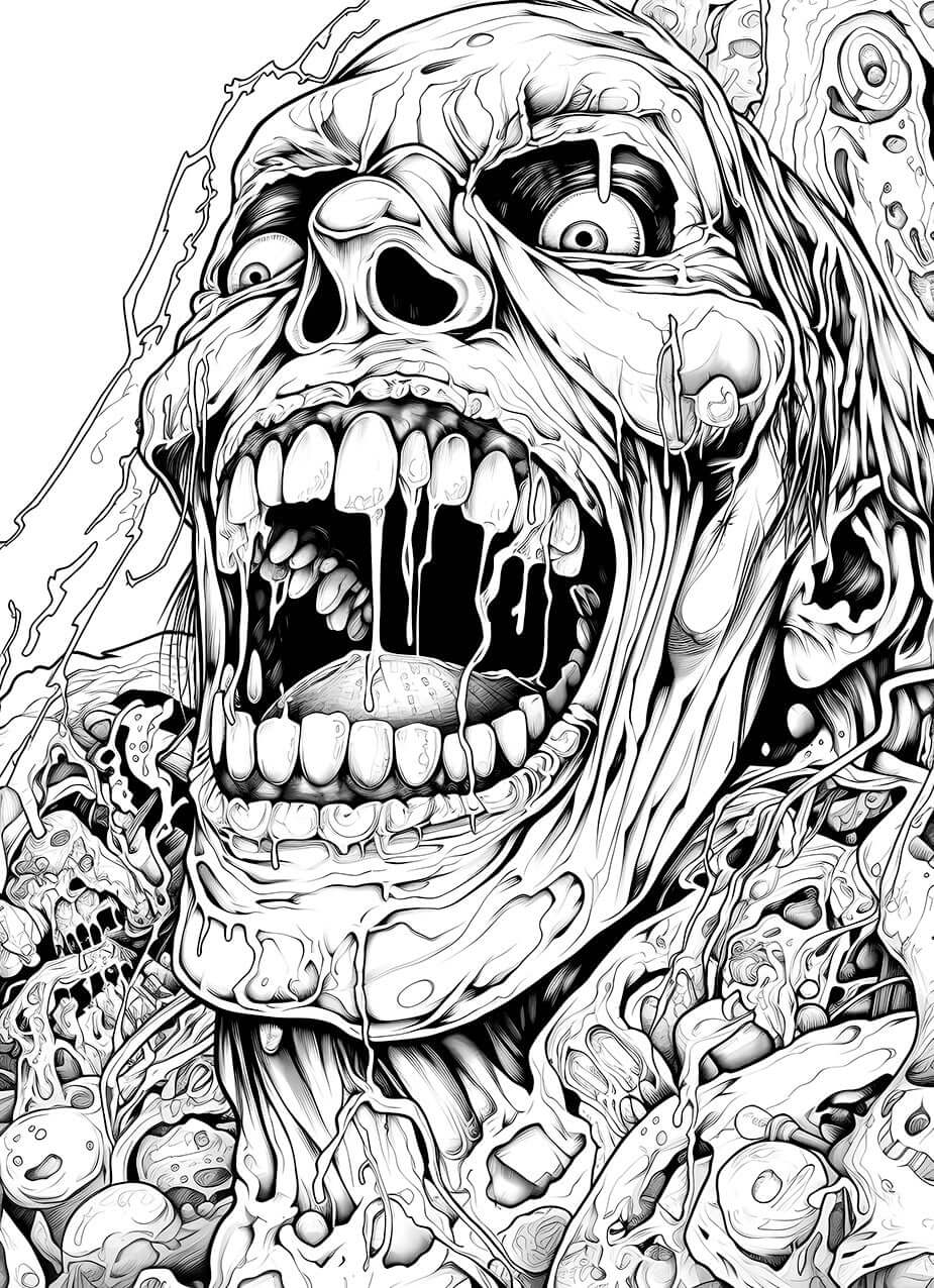 A hyper-detailed horror coloring page of a screaming, melting zombie's face, with a wide-open mouth dripping slime and saliva, surrounded by a chaotic, decaying background.