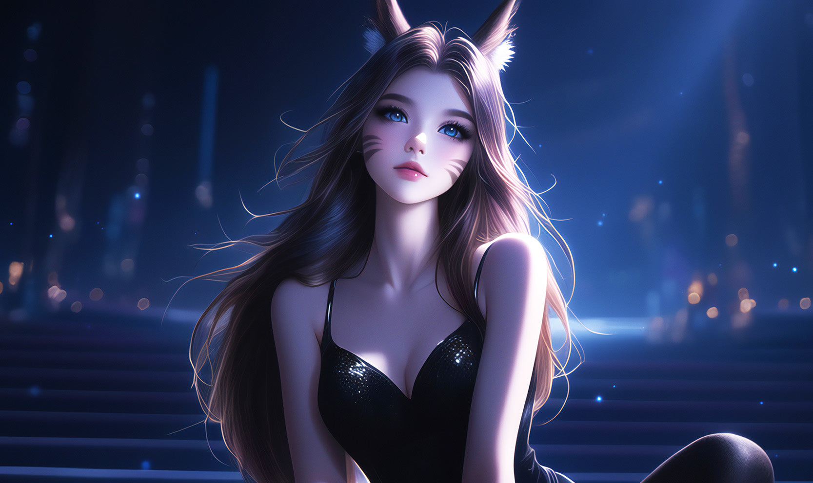 Midnight Serenade: Anime Catgirl Noir Digital Art - Infinite Visibility