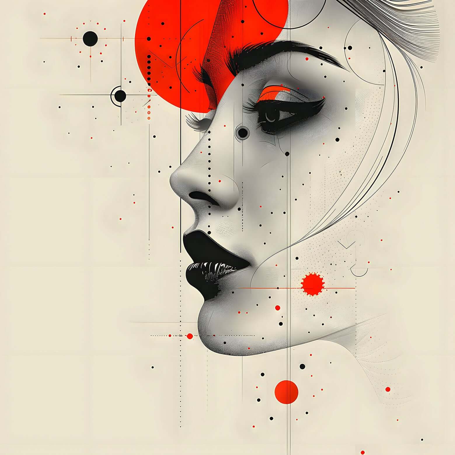 A Modern Graphic Portrait of a stylish woman with red and black abstract hair and geometric elements, for instant download.