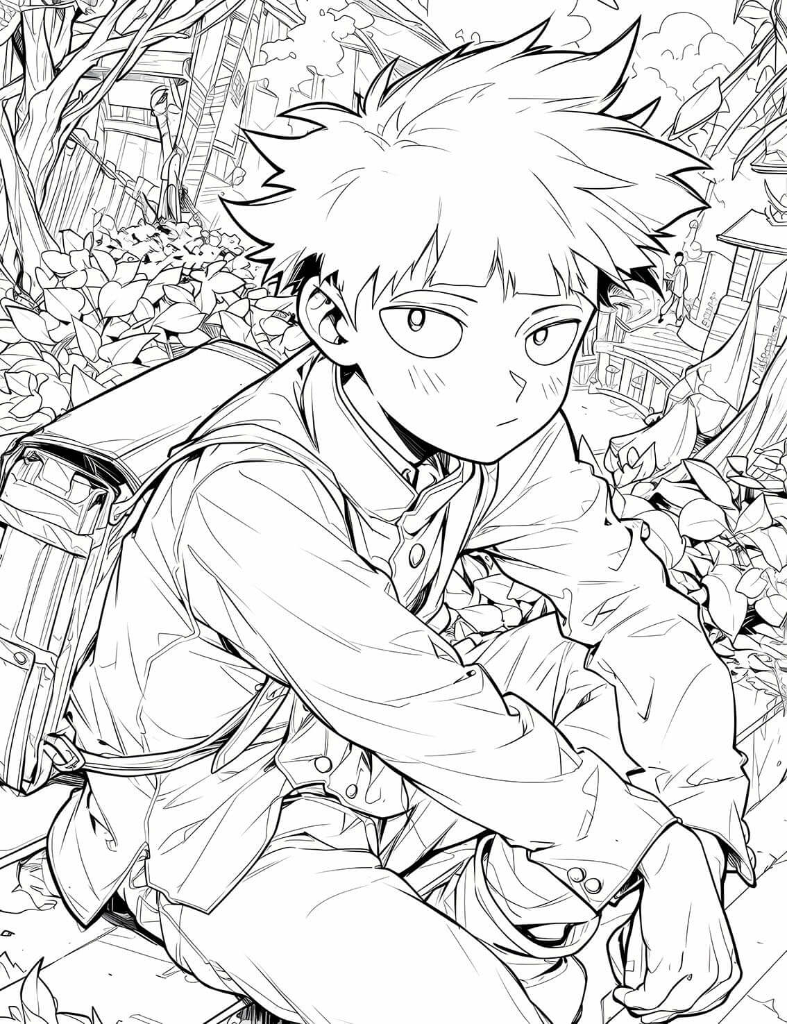High-quality line art of a Mob Psycho 100 coloring page, featuring the main character Shigeo 