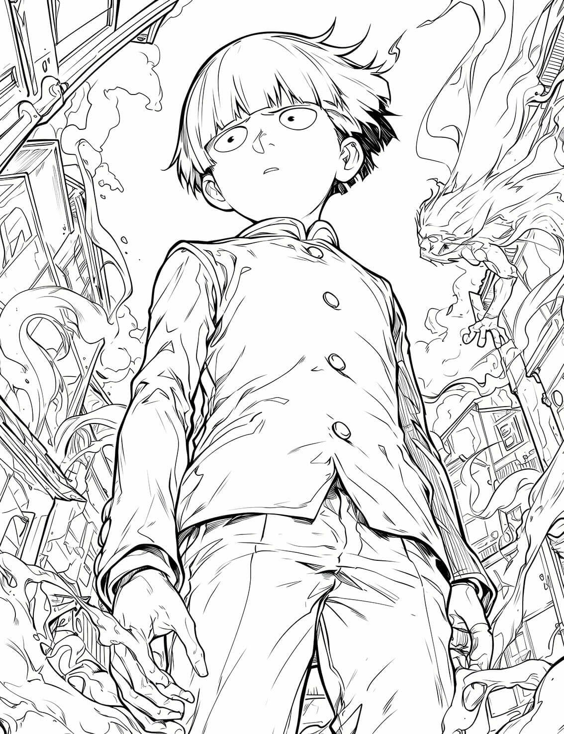 Imposing low-angle line art of a Mob Psycho 100 coloring page, showing Shigeo 