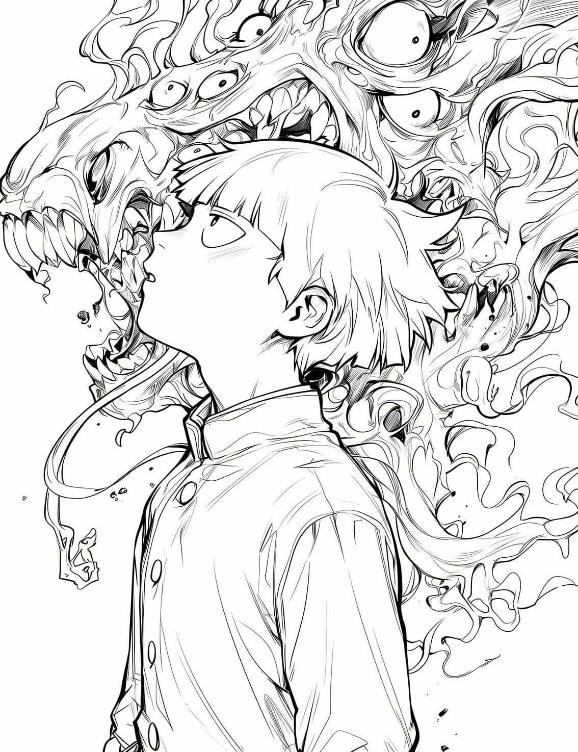 High-quality line art of a Mob Psycho 100 coloring page showing a calm Shigeo Kageyama in profile as a grotesque, multi-eyed monster spirit with sharp teeth manifests beside him.