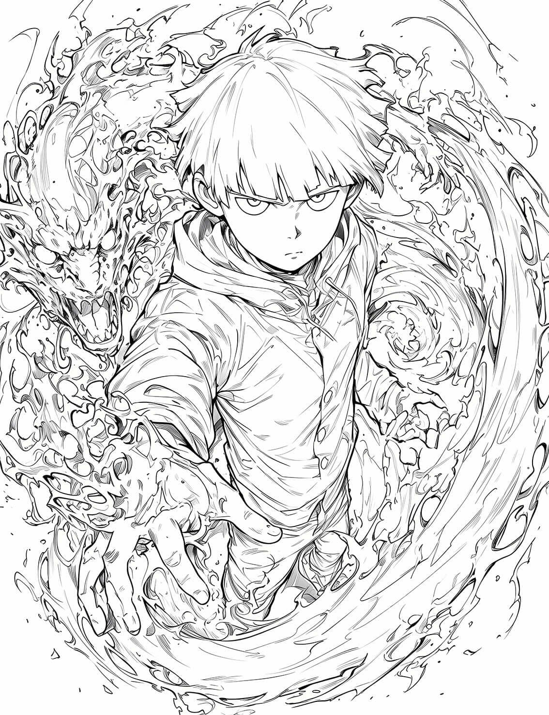 Dynamic line art of a Mob Psycho 100 coloring page, showing Shigeo 
