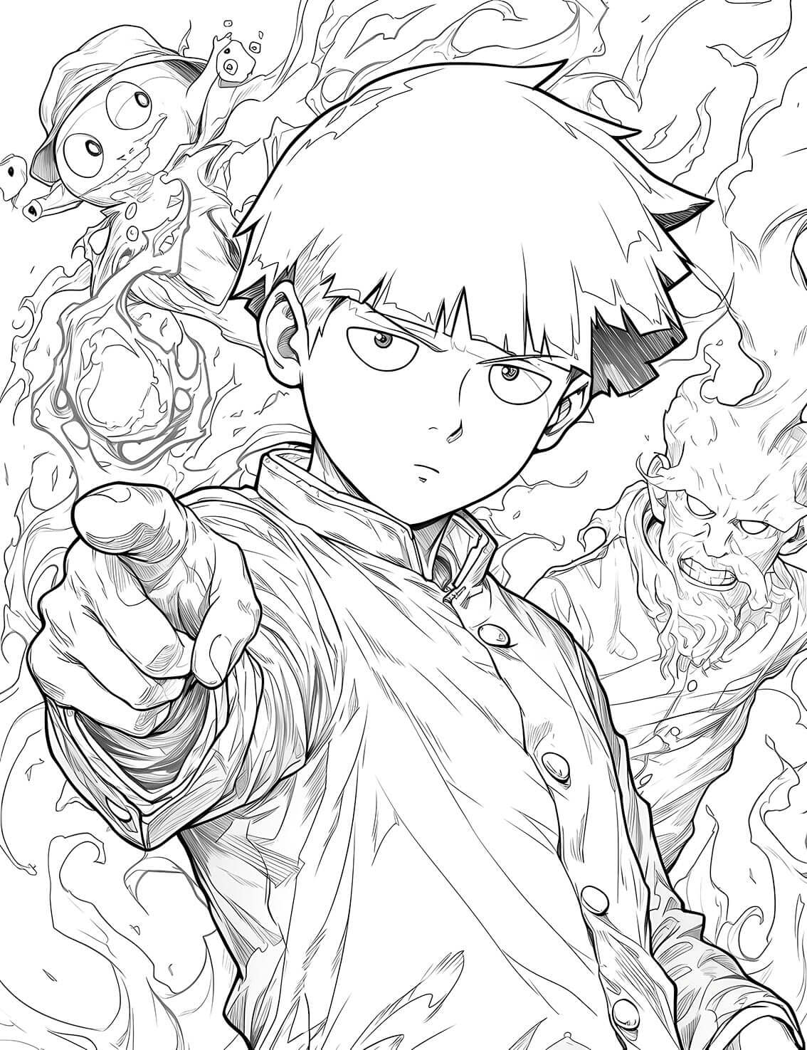 Action-posed line art of a Mob Psycho 100 coloring page, featuring Shigeo 