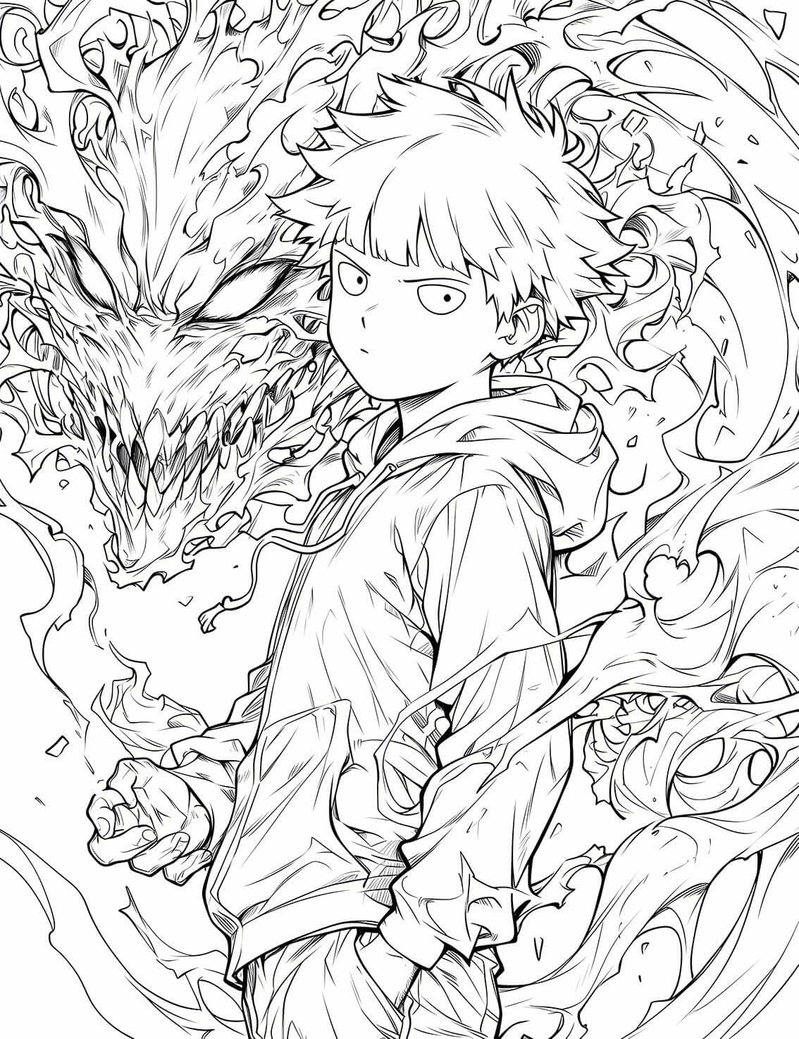 High-quality line art of a Mob Psycho 100 coloring page showing Shigeo 