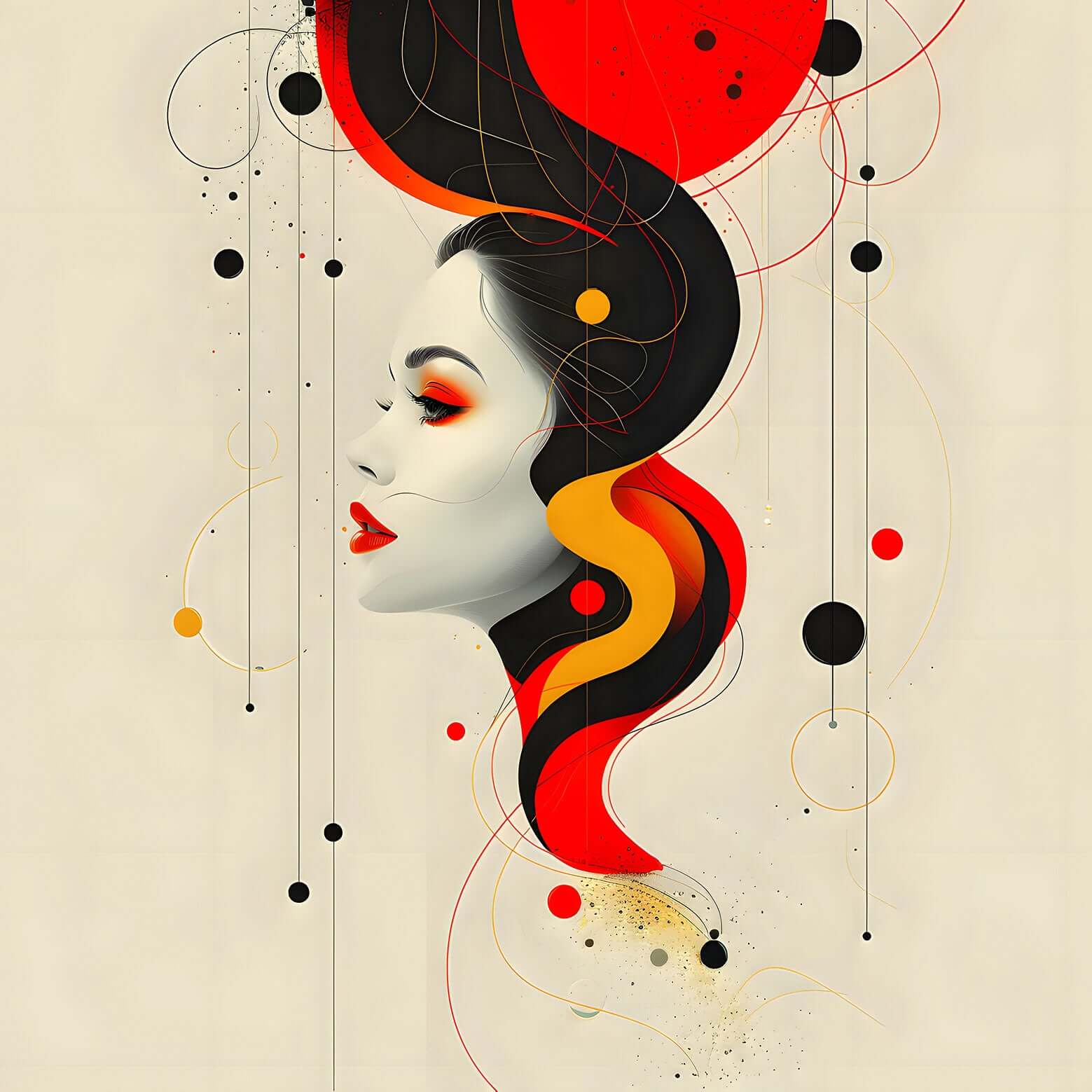A Modern Abstract Portrait of a woman's face with striking red lips against a geometric blue, red, and beige background.
