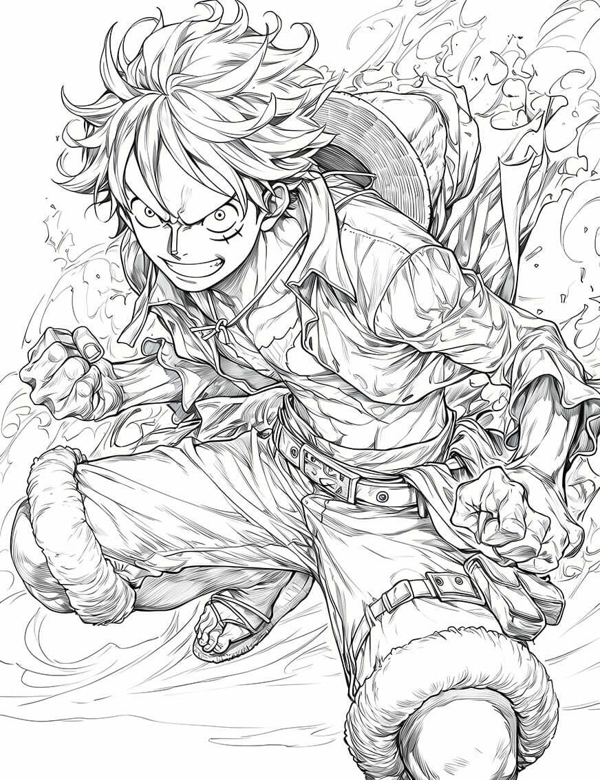 Monkey D. Luffy coloring page from One Piece, ready for dynamic art and creativity. Instant digital download PDF.