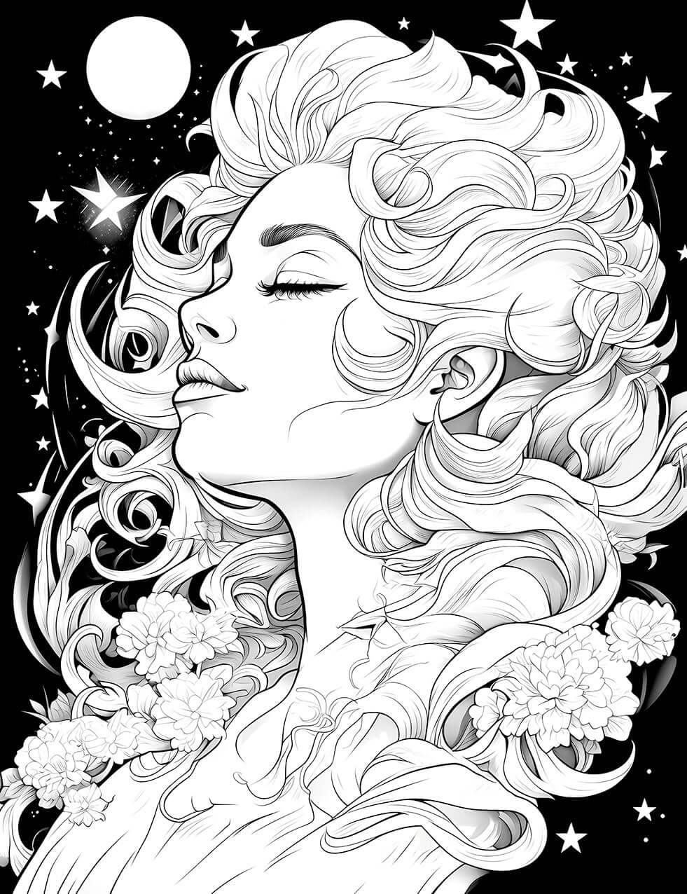 The Moonlight Serenity Coloring Page, a beautiful black-and-white illustration of a serene woman with eyes closed and voluminous curly hair, with flowers and a starry night sky in the background.