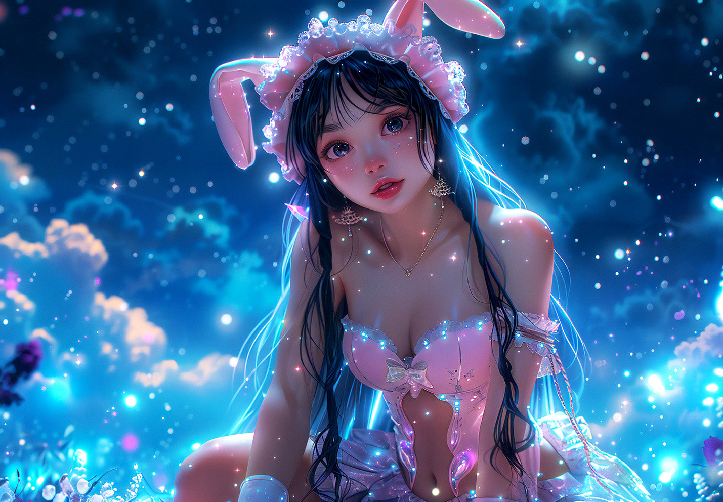 Moonlit Bloom: Anime Night Bunny Digital Art - Infinite Visibility