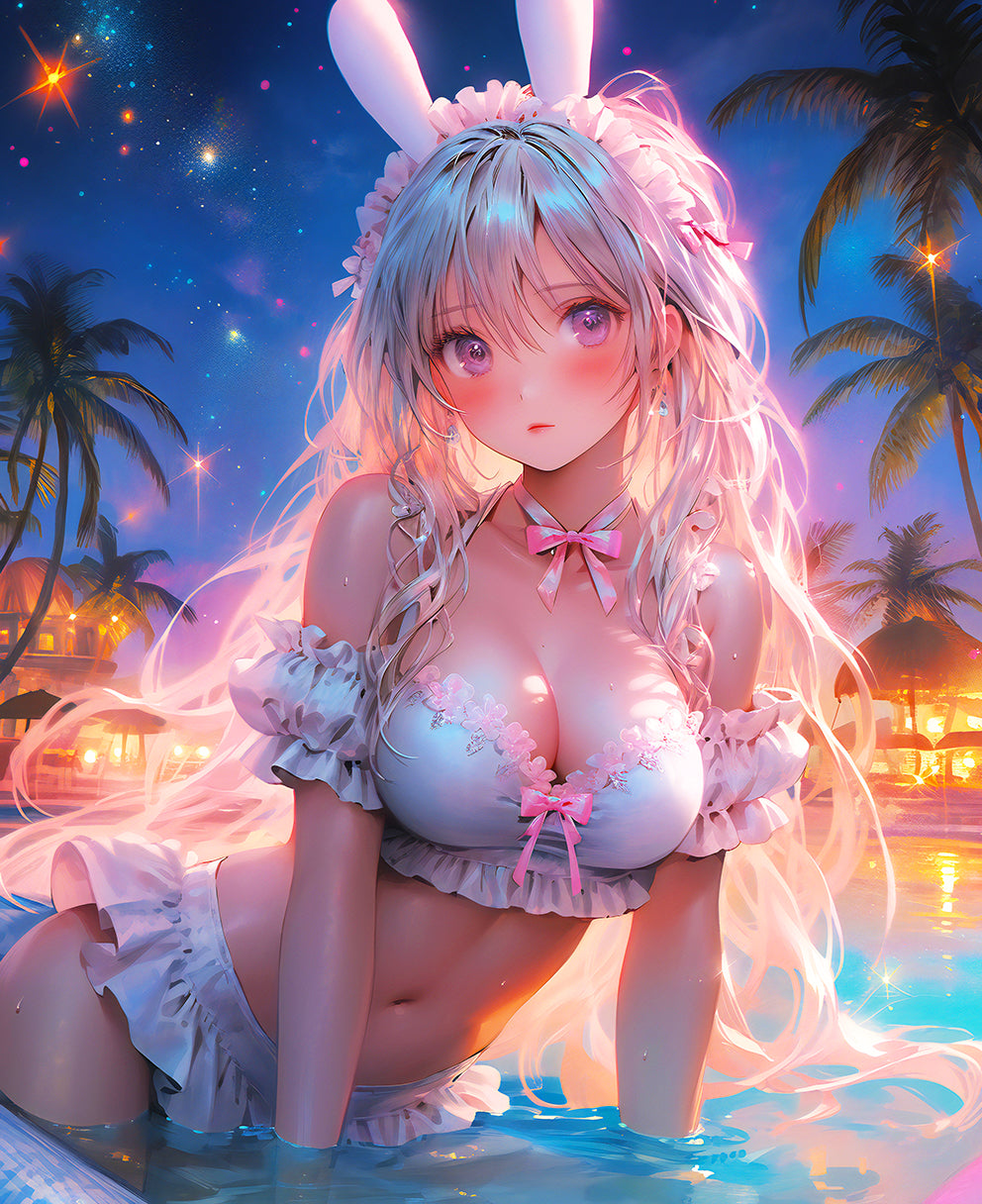 Moonlit Tides: Anime Bunny Beach Escape Digital Art - Infinite Visibility