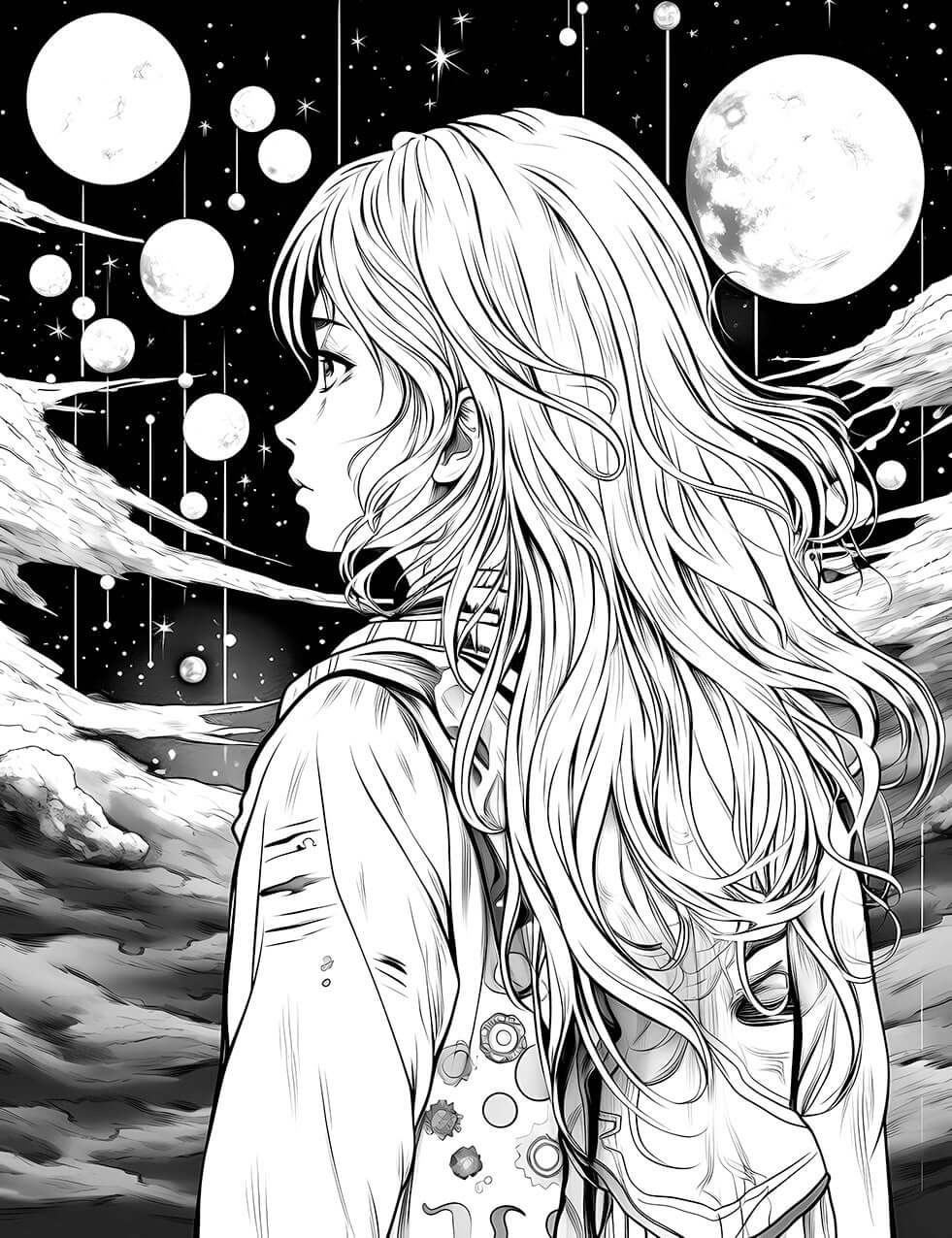 The Moonlit Wanderer Coloring Page, a beautiful anime-style illustration of a girl with long wavy hair in profile, looking out at a dreamy night sky filled with many moons and stars.