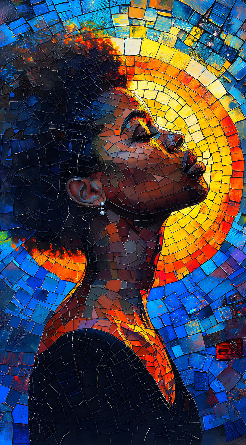 Mosaic Black Art of a beautiful Black woman with a natural afro in profile, bathed in the light of a golden mosaic sun halo.