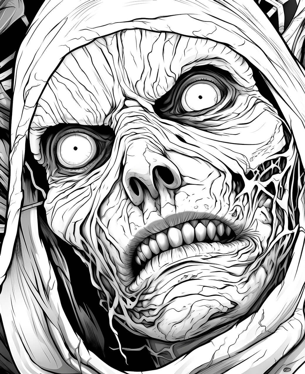 A hyper-detailed horror coloring page showing an intense close-up of a mummy's terrifying, desiccated face with wide, staring eyes and ancient, decaying wrappings.