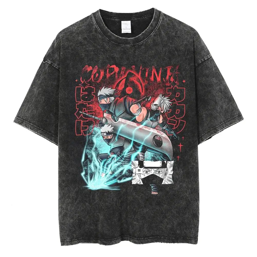 A man wearing the vintage black Japanese Anime Naruto Print T Shirt in a Harajuku hip hop streetwear style.