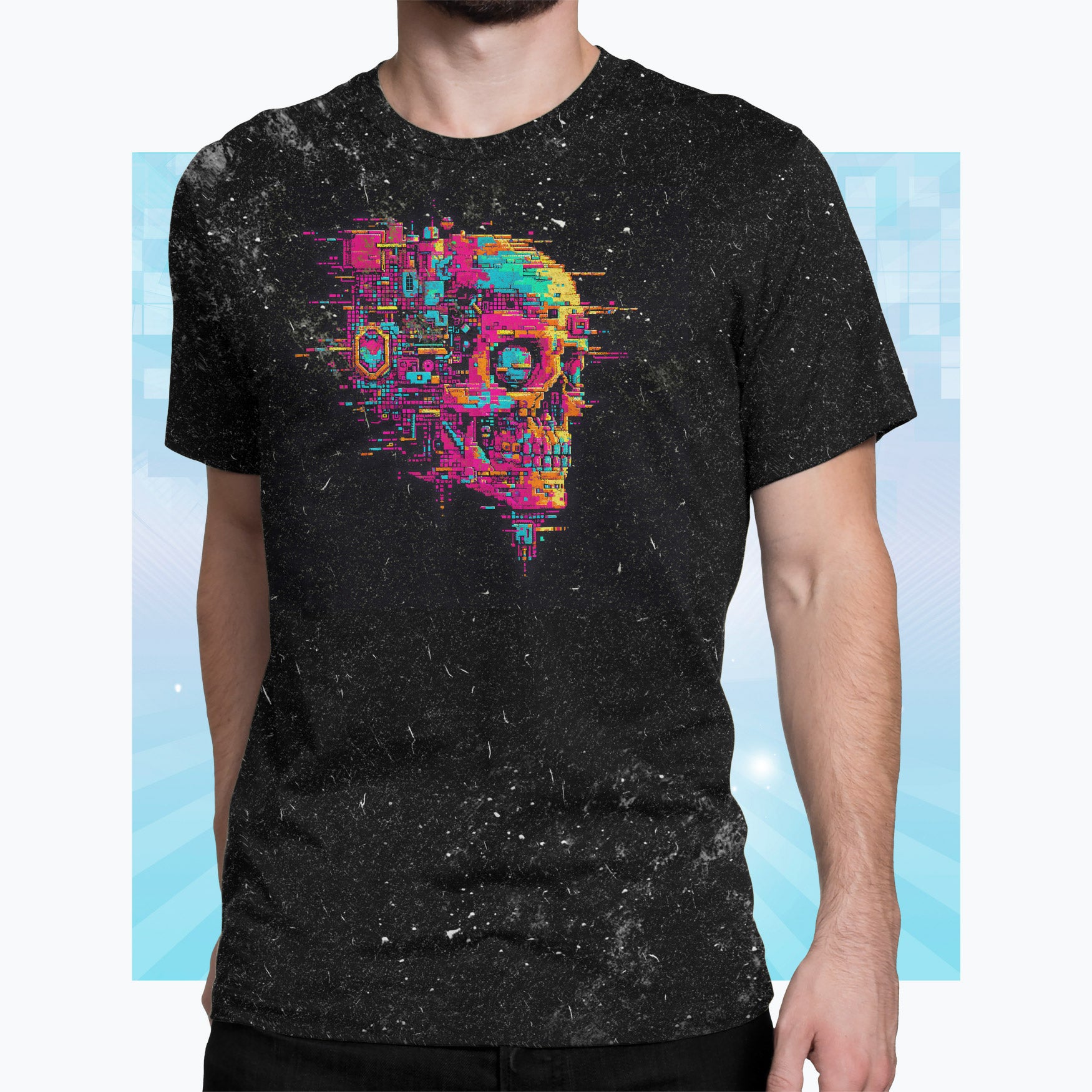 Pixelated Power: Cyborg Skull Art - A Blast from the Retro-Tech Future Unisex Cut & Sew Tee (AOP)