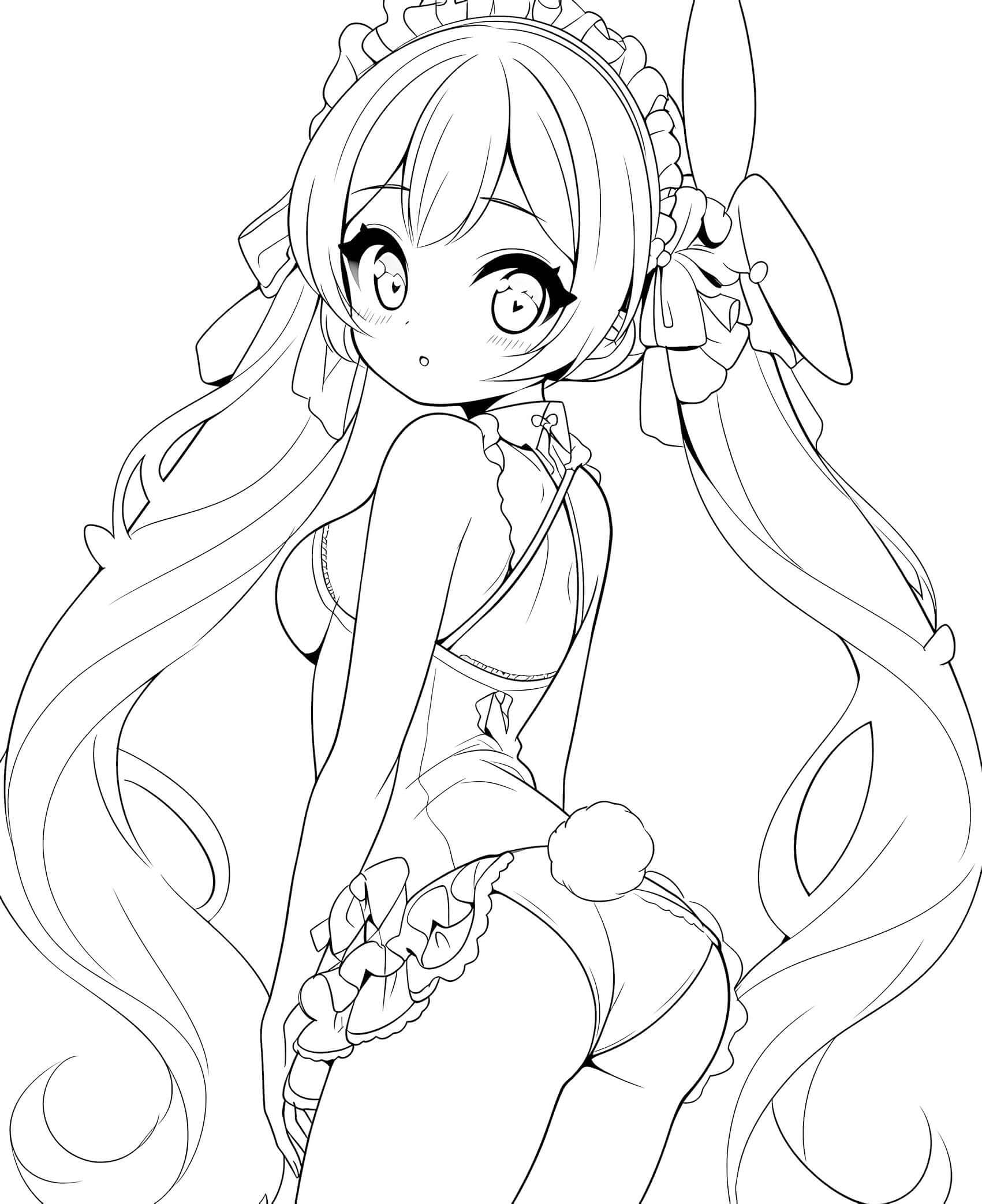 Playful anime bunny girl waifu with long pigtails and bows, ruffled headband and bunny ears, wearing frilly lingerie with a ruffled skirt and pom-pom tail, looking back with a shy blush – coloring page digital download.