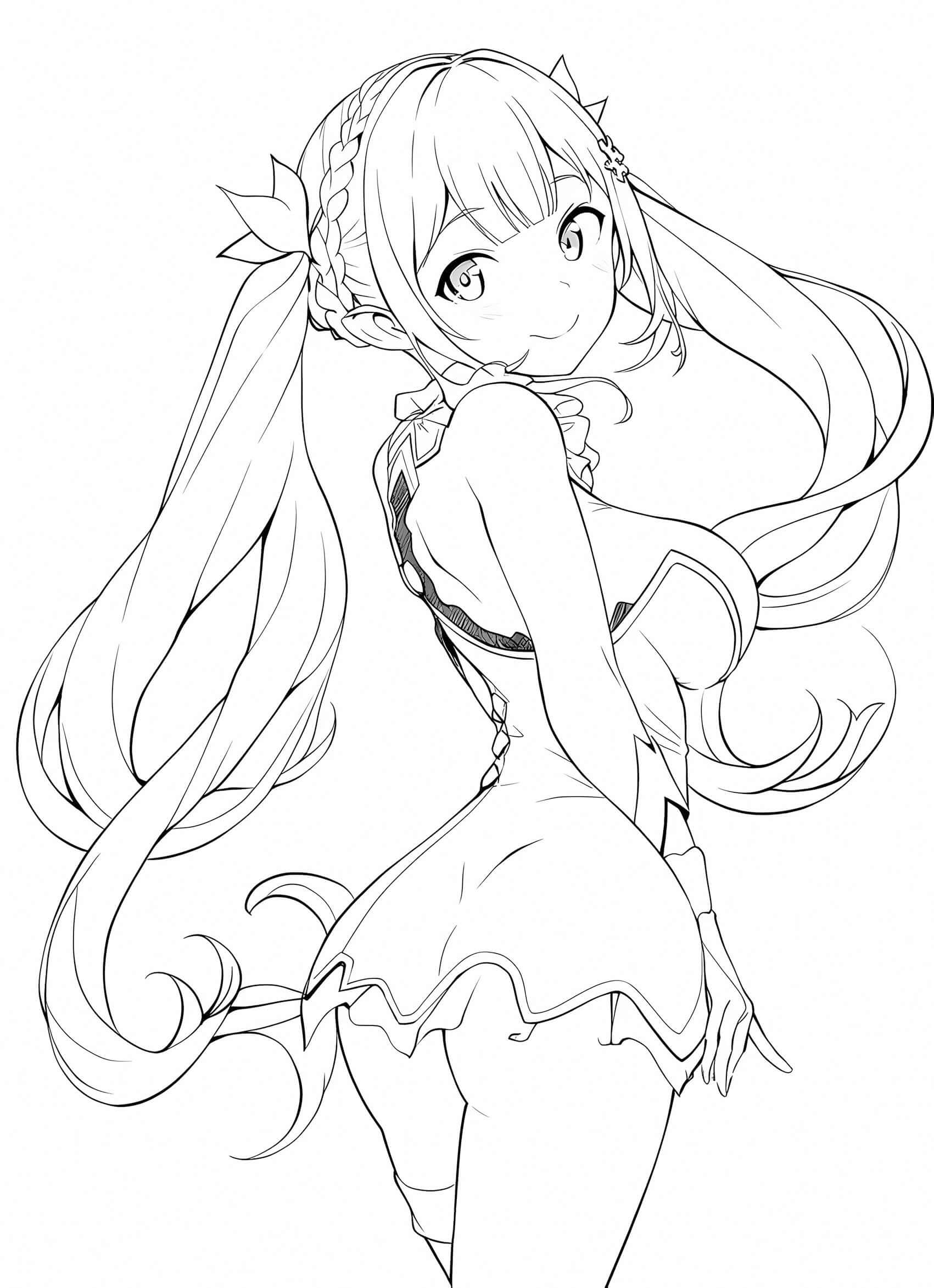 Charming line art of an anime elf waifu girl with long pigtails, leaf hair accessories, ornate fantasy outfit with armband, looking back playfully – coloring page digital download.