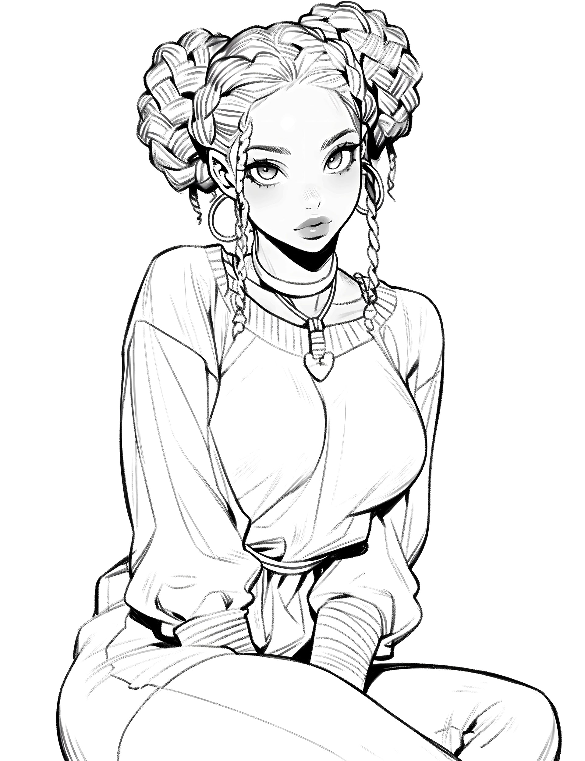 Printable Coloring Pages for Adults Afro-American Women Waifus Art