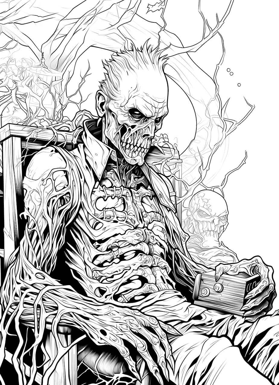 A detailed horror coloring page of a skeletal punk zombie with a mohawk, sitting on a decaying, root-covered chair and holding a small mysterious box.